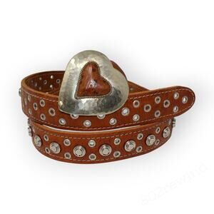 M/L CHICO'S Leather Belt Caramel Silver Grommets Studs Silver Heart Morocco